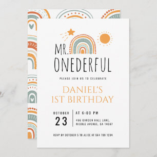 Invitación MR Onemaravilloso Boho Arcoiris Primer cumpleaños