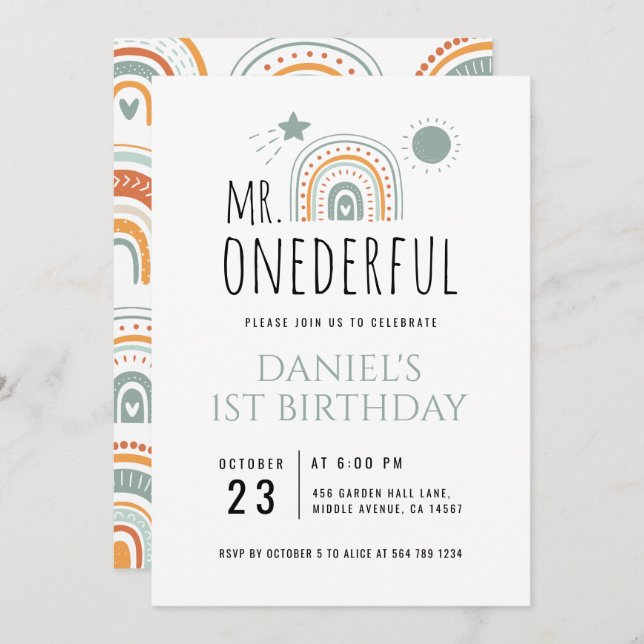 Invitación MR Onemaravilloso Boho Arcoiris Primer cumpleaños (Anverso / Reverso)