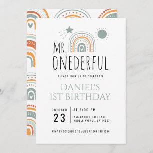 Invitación MR Onemaravilloso Boho Arcoiris Primer cumpleaños