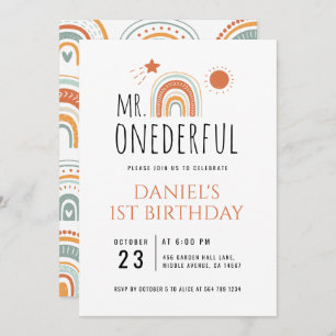 Invitación MR Onemaravilloso Boho Arcoiris Primer cumpleaños