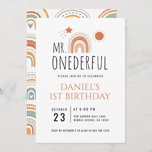 Invitación MR Onemaravilloso Boho Arcoiris Primer cumpleaños (Anverso / Reverso)