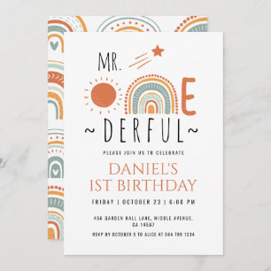 Invitación MR Onemaravilloso Boho Arcoiris Primer cumpleaños