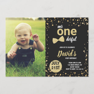 Invitación Mr Onemaravilloso Gold Boy primer cumpleaños con f