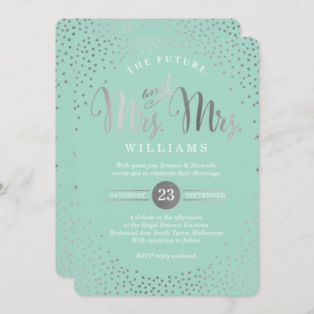 Invitación MRS y MRS STYLISH BODA de plata menta de confetti (Anverso / Reverso)