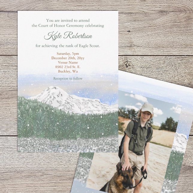 Invitación Mt. Rainier, Eagle Scout, Court of Honor Ceremony (Eagle scout court of honor invitation with mountains, trees and snow landscape, photo on back)
