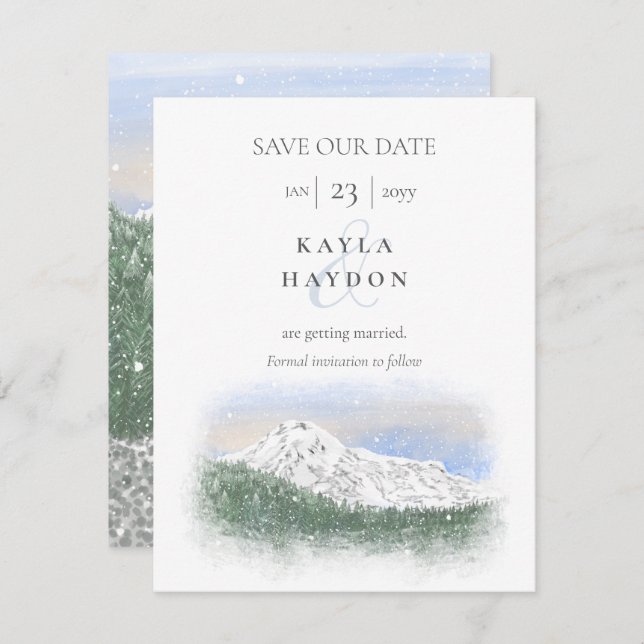 Invitación Mt Rainier, Falling Snow Wedding Save the Date (Anverso / Reverso)
