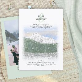 Invitación Mt. Rainier, Falling Snow, Winter Green Wedding