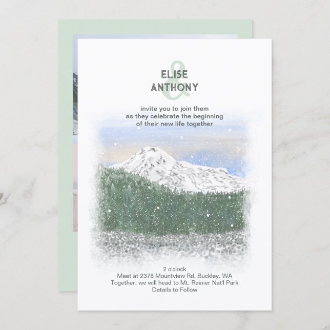 Invitación Mt. Rainier, Falling Snow, Winter Green Wedding (Anverso / Reverso)