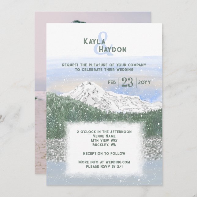 Invitación Mt. Rainier, Falling Snow Winter Wedding (Anverso / Reverso)