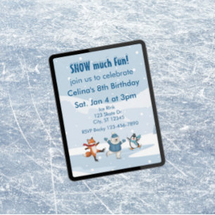 Invitación Mucha Diversión en la Nieve, animales patinando so