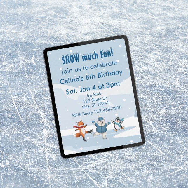 Invitación Mucha Diversión en la Nieve, animales patinando so (Subido por el creador)