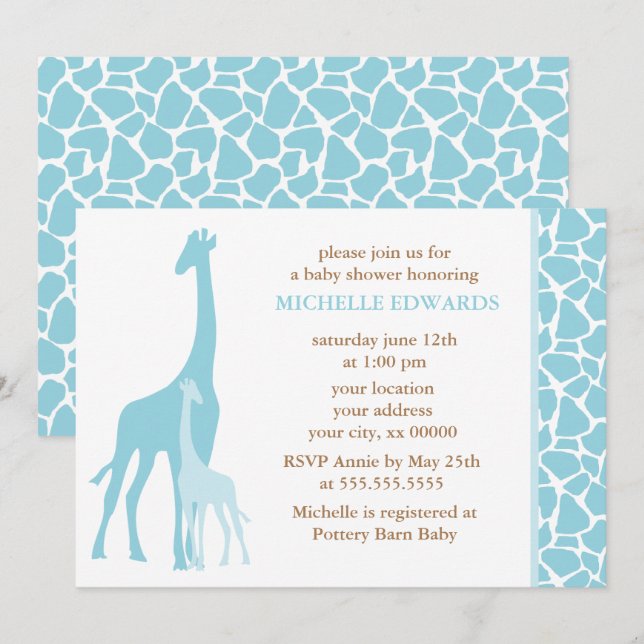 Invitación Muchacho azul Baby Shower de las jirafas (Anverso / Reverso)