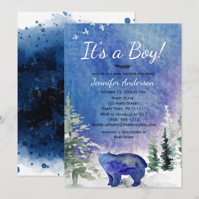 Invitación Muchacho azul Baby Shower del oso del bosque de la (Anverso / Reverso)
