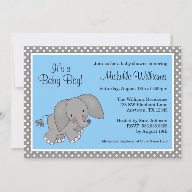 Invitación Muchacho azul lindo Baby Shower del elefante (Anverso)