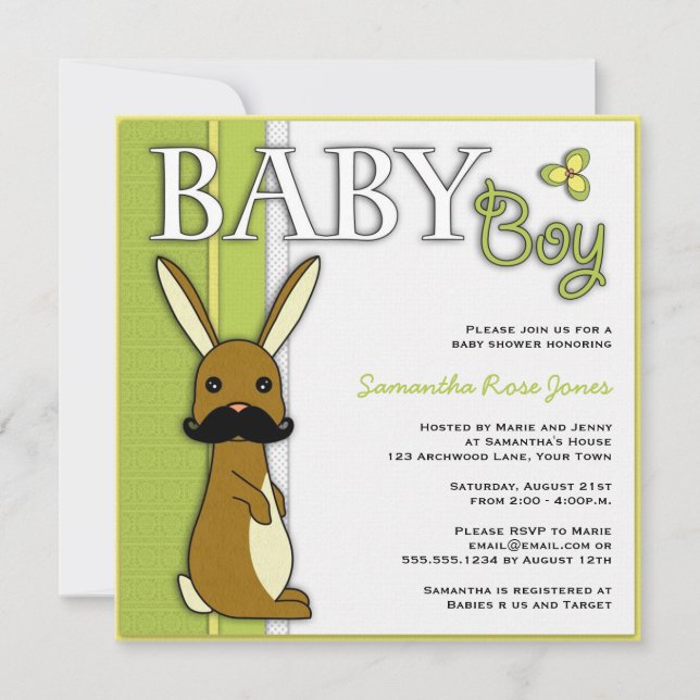 Invitación Muchacho Baby Shower cutre conejito con bigote - V (Anverso)