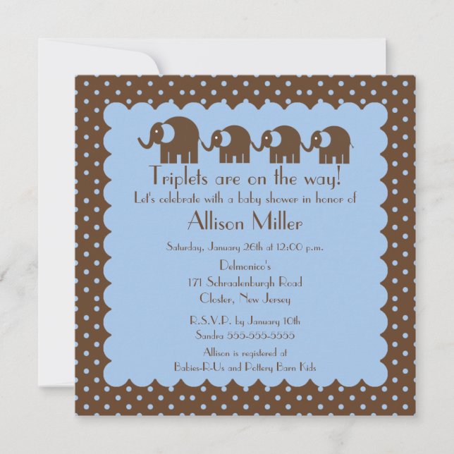 Invitación Muchacho Baby Shower de los elefantes del bebé de (Anverso)