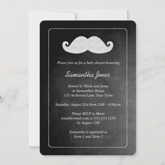 Invitación Muchacho Baby Shower del bigote de la pizarra (Anverso)