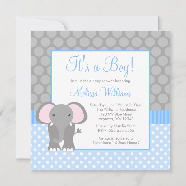 Invitación Muchacho Baby Shower del lunar del elefante del (Anverso)