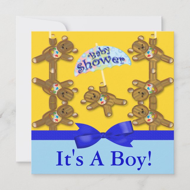 Invitación Muchacho Baby Shower del paraguas del oso de (Anverso)