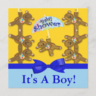 Invitación Muchacho Baby Shower del paraguas del oso de