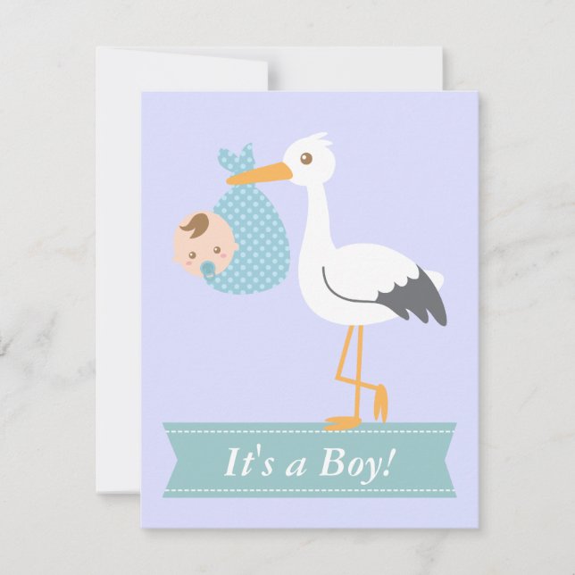 Invitación Muchacho Baby Shower - la cigüeña entrega al bebé (Anverso)