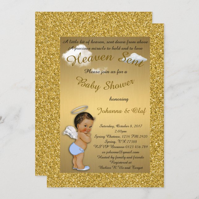 Invitación Muchacho de Baby Shower, ángel del bebé, (Anverso / Reverso)