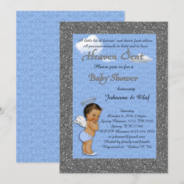 Invitación Muchacho de Baby Shower, ángel del bebé, azul, (Anverso / Reverso)