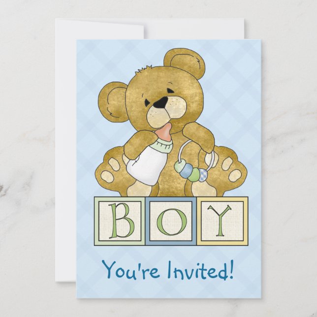 Invitación Muchacho del oso de peluche de Baby Shower (Anverso)