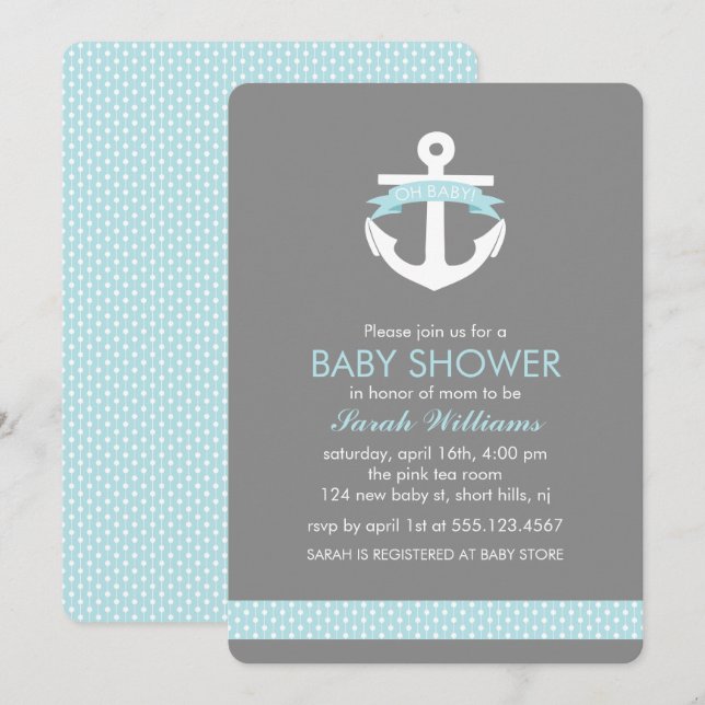 Invitación Muchacho náutico Baby Shower del ancla azul clara (Anverso / Reverso)