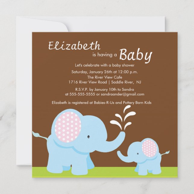 Invitación Muchacho o chica de Baby Shower del elefante de la (Anverso)