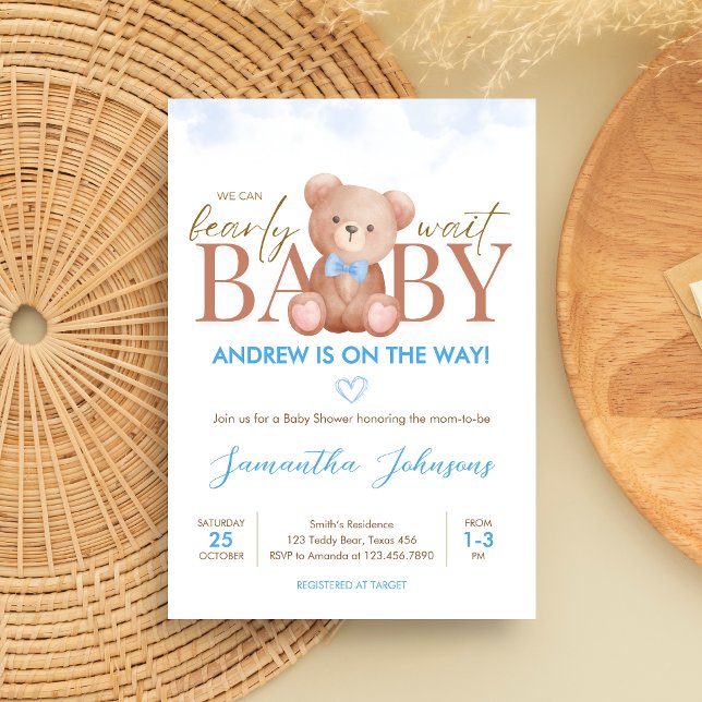 Invitación Muchacho, podemos esperar a Baby Shower (Blue We Can Bearly Wait Bear Baby Shower Invitation)