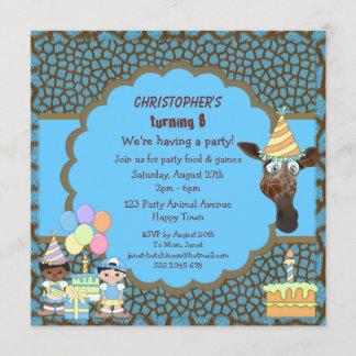 Invitación Muchachos, azul de la jirafa y de la torta y
