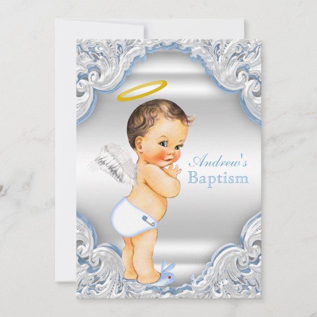 Invitación Muchachos Blue White Angel Niño Baptismo Bebé (Anverso)