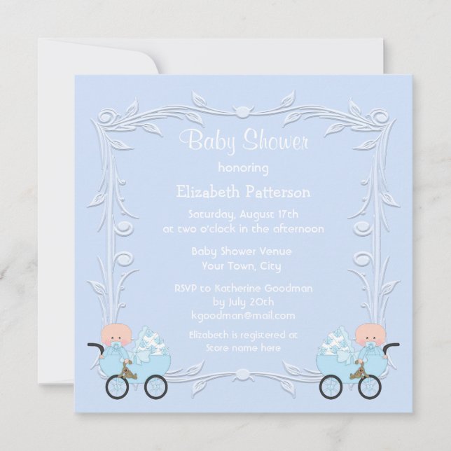 Invitación Muchachos gemelos en el azul Baby Shower de los (Anverso)