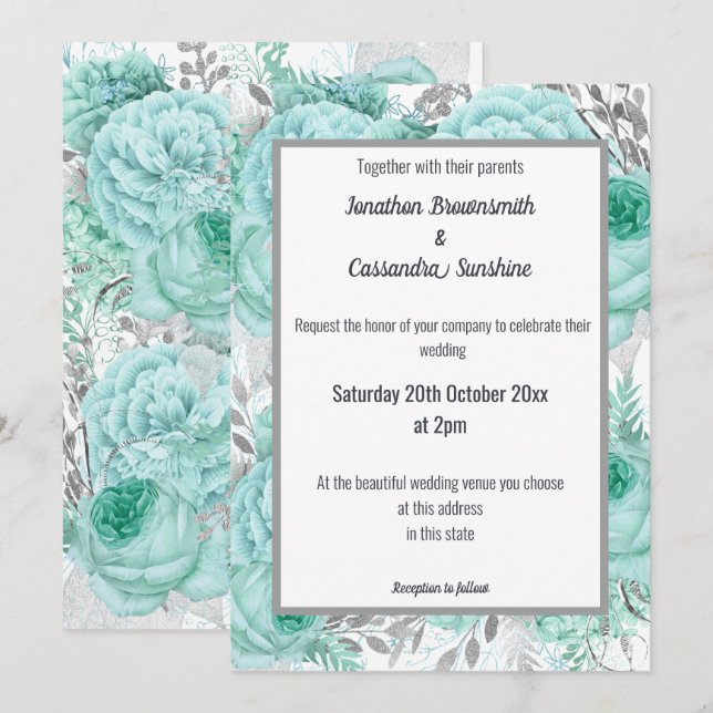 INVITACIÓN MUCHOS BODAS BLANCOS DE BONITO FLORAL AQUA (Anverso / Reverso)