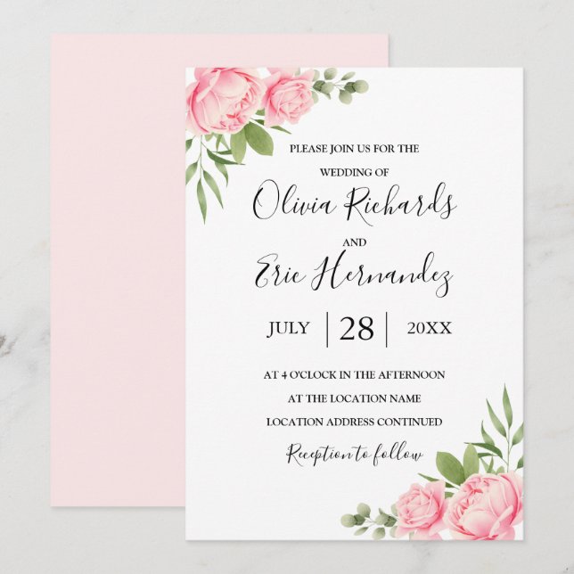 Invitación Muelle de acuarela floral / boda rosa de verano (Anverso / Reverso)