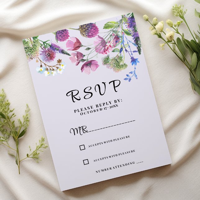 Invitación Muelle de flores silvestres moradas de lavanda RSV (Lavender purple wildflower spring RSVP)