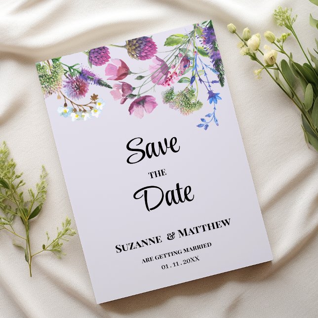 Invitación Muelle de flores silvestres moradas de Lavender Sa (Lavender purple wildflower spring Save the Date)