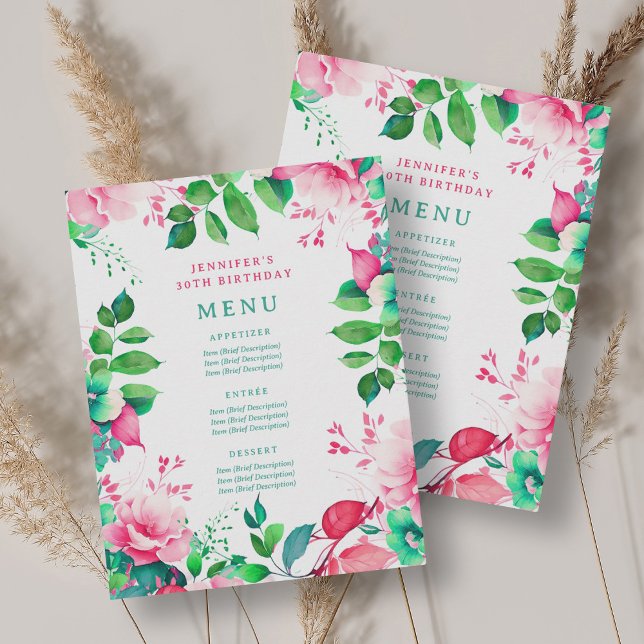 Invitación Muelle de verano de primavera Floral 30 Menú de cu (Spring Summer Watercolor Floral 30 Birthday Menu Invitation)