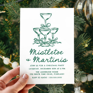 Invitación Muérdago elegante y Martinis Navidad Verde