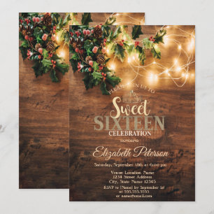 Invitación Muérdago rústico, luces de cadena, fiesta de dulce