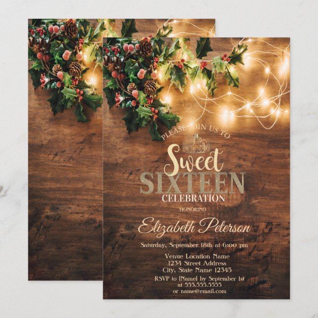 Invitación Muérdago rústico, luces de cadena, fiesta de dulce (Anverso / Reverso)