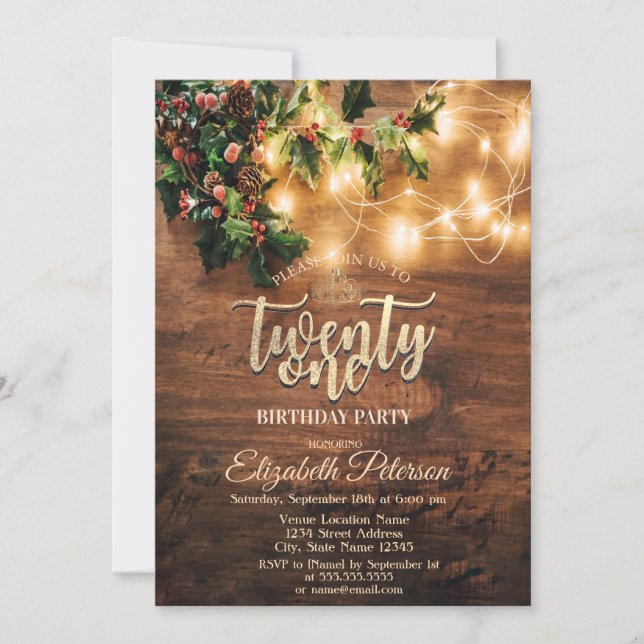 Invitación Muérdago rústico, luces de cadena, madera Cumpleañ (Anverso)