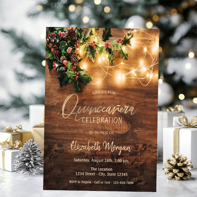 Invitación Muérdago Rústico, Luces de Cadena, Madera Quinceañ (Subido por el creador)