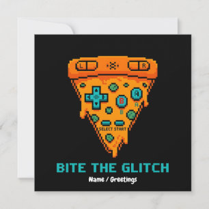 Invitación Muerde el Glitch Retro Pizza de 8 Bits Pixel Gamer