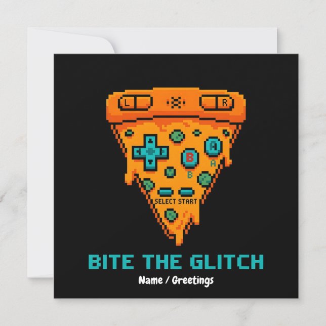 Invitación Muerde el Glitch Retro Pizza de 8 Bits Pixel Gamer (Anverso)