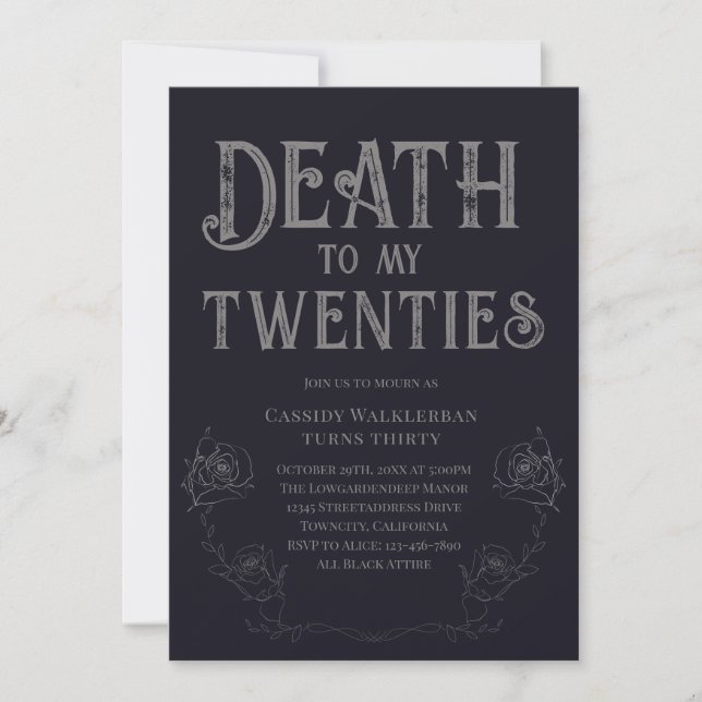 Invitación Muerte a mis veinteañeros cumpleaños número 30 (Anverso)
