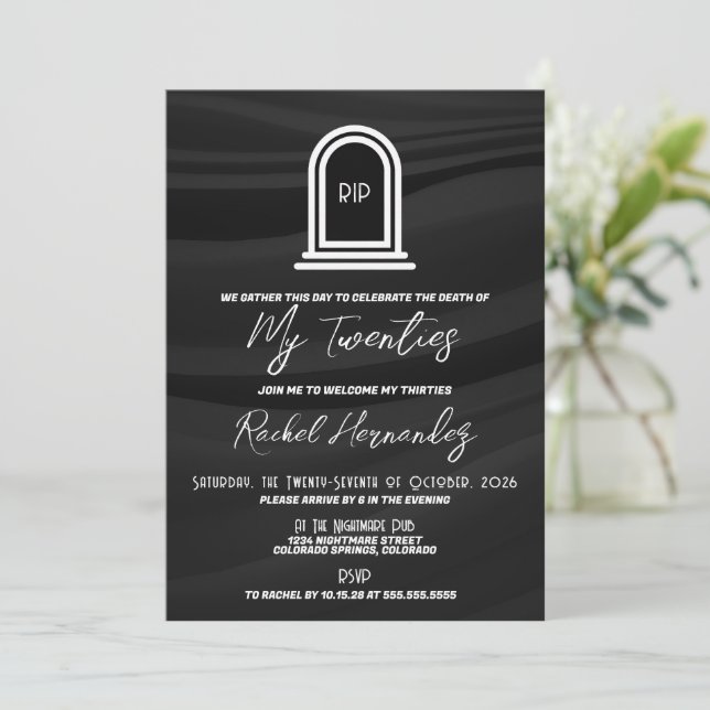 Invitación Muerte por el cumpleaños de mis 20 (Anverso de pie)