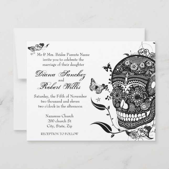 Invitación Muertes de cráneo de azúcar en papel metálico de o (Anverso)