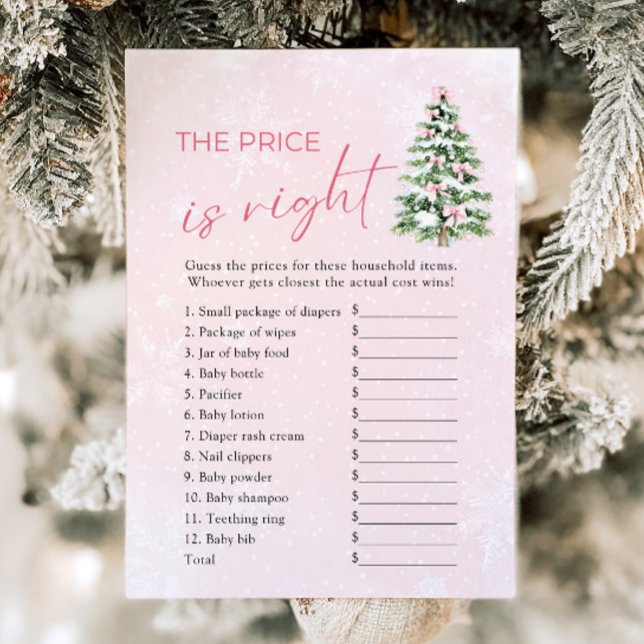Invitación Muestra el árbol de Navidad y el precio es el Baby (Pink Bows Christmas Tree The Price Is Right Baby Shower Game)